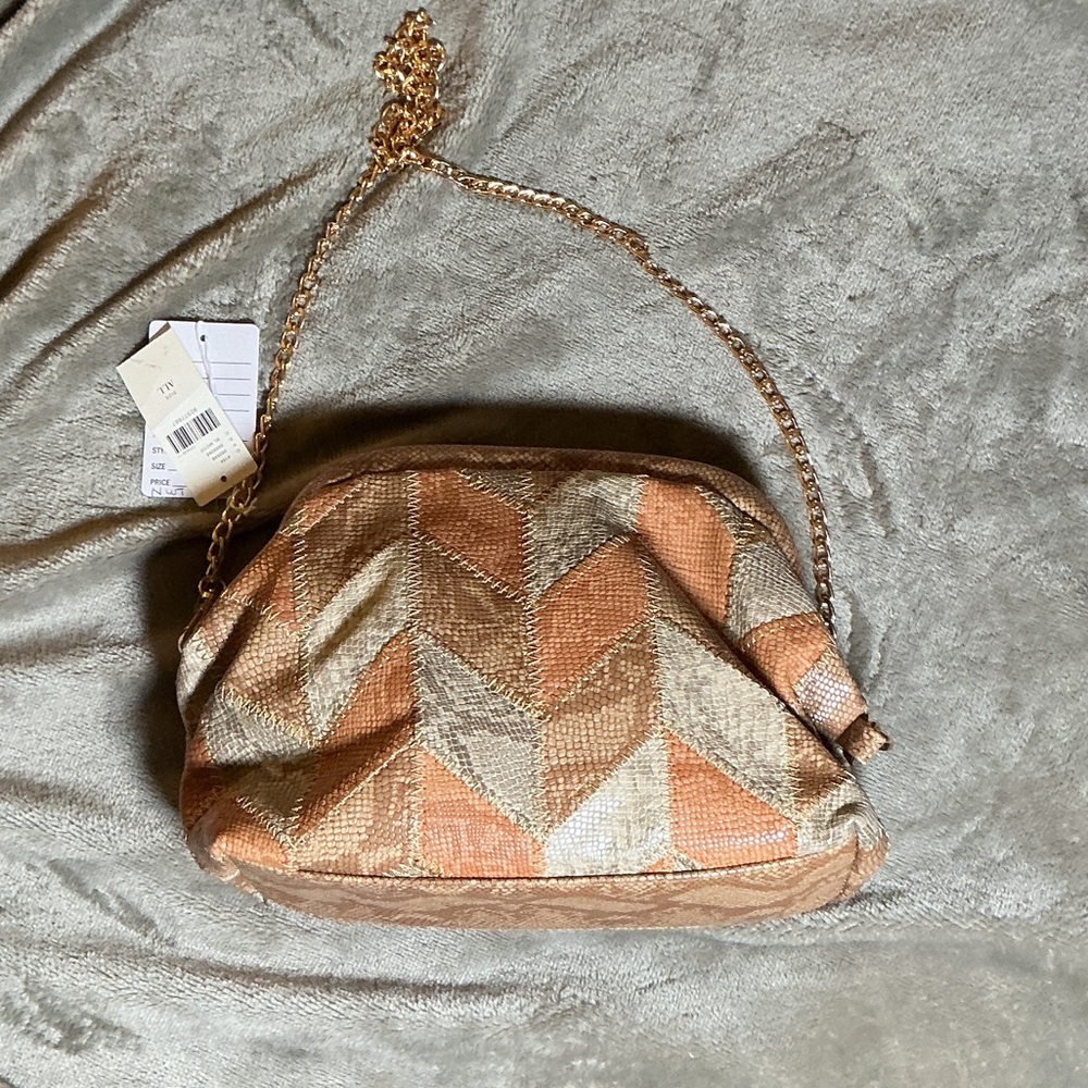 Anthropologie Chevron Patchwork Crossbody Bag in Peach, Beige & Gold